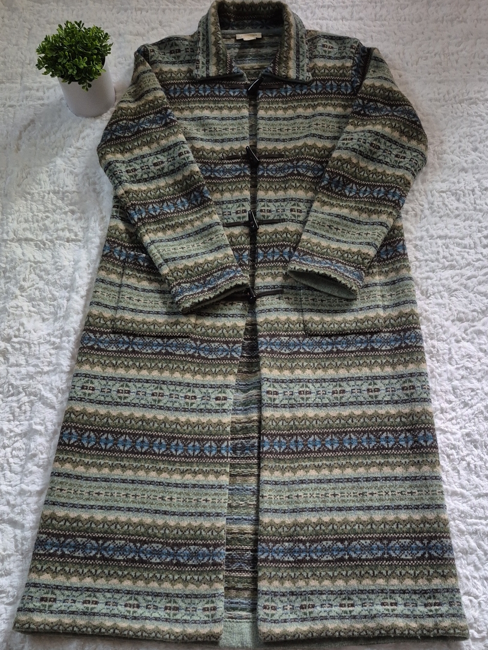 Talbots Fair Isle Lambs Wool Sweater Coat with Toggle Button Closure
